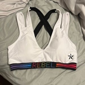 Rebel Adult XS racerback white, black, and rainbow band bra